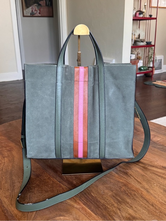 Fossil Handbags - Fossil Carmen Shopper Green Suede Pink Leather Stripes Crossbody Top Handle Tote